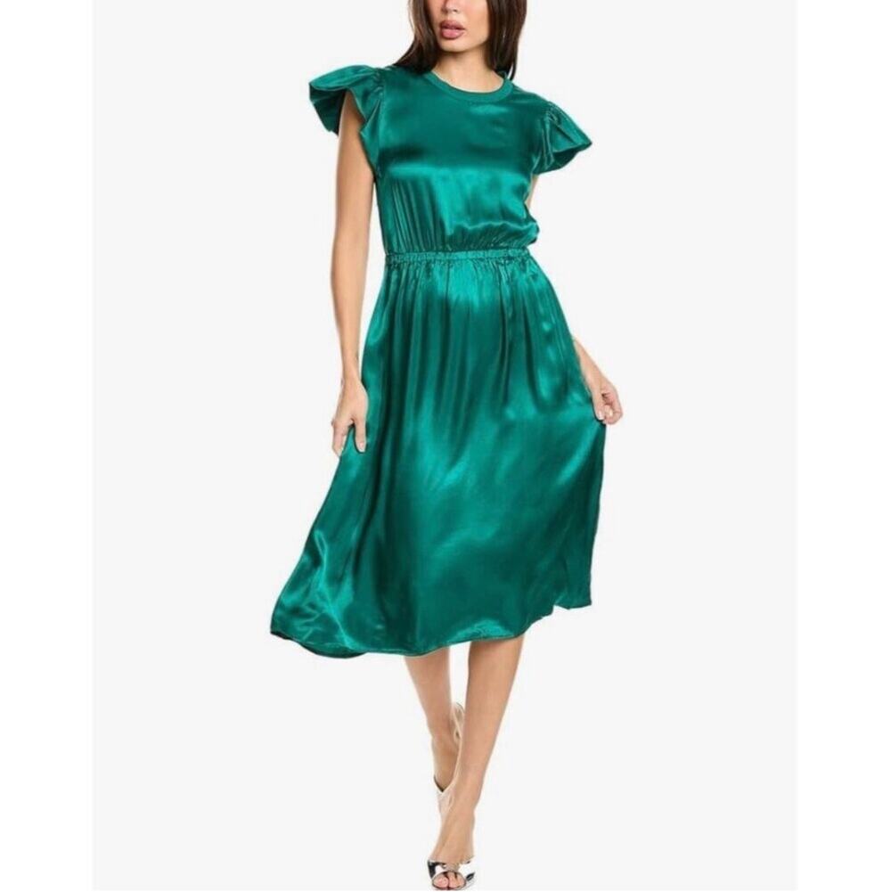 Nation LTD Satin Midi Dress Sz L Emerald Green Flutter Sleeve
